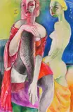 British, Two Surrealist studies of provocative female figures and beasts by John Ivor Stewart, mixed media, sold Mar 2021
