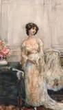 British, scene of an elegant lady in an interior with a vase of flowers by Albert Ludovici, watercolour, sold Feb 2021