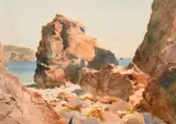 British, A rocky coastal view near Sark by Cecil Mary Leslie, oil, sold Feb 2021