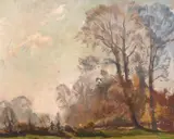 British, Figures in a tree-lined landscape by Arthur Thomas Hagg, oil on board, sold Feb 2021