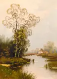 Continental school, A view of figures in a field by a river with buildings beyond by C. Bertold, oil on canvas, offered Feb 2021