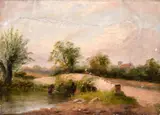 British, Figures on a bridge with a distant church by T. W. Williams, oil on canvas, sold Feb 2021