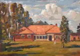 Scottish, A homestead with trees on a cloudy day by John Brown, oil on board, sold Feb 2021