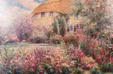 A country garden in full bloom with a thatched cottage beyond by G. Sherman, oil on canvas, sold Feb 2021