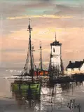 French, Boats in a port with a lighthouse, circa 1960 by Pierre Wilnay, oil on canvas, sold Feb 2021