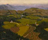 British, An extensive continental landscape at dusk by Denis Gilbert, oil on canvas, sold Feb 2021
