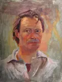 British, bust portrait of a man (the artist?) by Geoffrey Underwood, Oil on board, signed with initials and dated '1981', unframed, offered Feb 2021