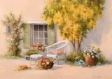 A continental courtyard scene with blossoming flowers by Peter Motz, oil on canvas, sold Feb 2021