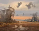 The Homestead' and 'End of Day by Christopher Osbourne, Oil on Panel Paintings of Country Landscapes, sold Feb 2021