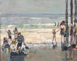 Figures on a beach with waves breaking beyond by Ross Foster, oil on canvas, sold Feb 2021