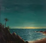 Belgian, sun setting over a rocky coastline with palm trees in the foreground by Karel Holemans, oil on canvas, sold Feb 2021