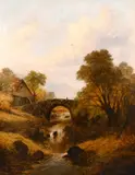 British, an angler on a mountain stream with a watermill and bridge beyond by J. Andrews, oil on canvas, offered Feb 2021