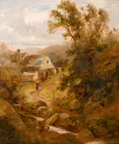 British, Wayfarers on a country path with a watermill beyond by Alfred Hinley, oil on canvas, offered Feb 2021