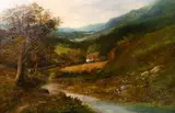 British, a pair of oil on canvas paintings of scenes of cottages by a river, 20" x 30 by Edward Nevil, oil on canvas, sold Feb 2021
