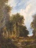 Italian, figures by a path in a rural landscape by Pietro Manzoni, oil on canvas, offered Feb 2021