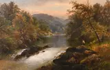 British, Angler by waterfall at dusk with mountains beyond by George B. Yarnold, oil on canvas, sold Feb 2021