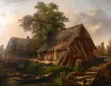 French, Riverside dwellings with moored boats and livestock by Jules Louis Marie Lhote, oil on canvas, sold Feb 2021