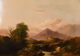 British, Wayfarers crossing a bridge in a mountainous landscape by Joseph Horlor, oil on canvas, offered Feb 2021