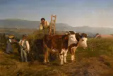 British, A harvesting scene with figures loading hay, wildflowers and mountains beyond by Henry Moore, oil on canvas, sold Feb 2021