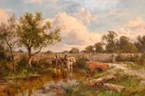 British, A scene of horses crossing a river with figures harvesting in the distance by Henry Hillier Parker, oil on canvas, sold Feb 2021