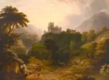 British, A Highland scene with a castle on a hilltop and figures in the foreground by John Anthony Puller, oil on canvas, sold Feb 2021