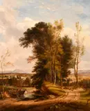 British, Figures in a cart crossing a stream with a shepherd and his flock on a nearby path by Thomas Creswick, oil on canvas, sold Feb 2021