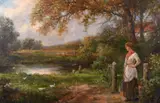 British, A young lady with ducks by a river with fields beyond by Stanley Leighton, oil on canvas, sold Feb 2021