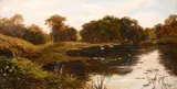 British, Swans on a lake with wildflowers in the foreground by Theodore Hines, oil on canvas, sold Feb 2021