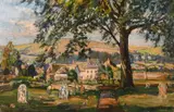 British, View of a town with hills beyond by Emily Beatrice Bland, oil on canvas, sold Feb 2021