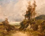 British, A scenic path leading to a lake with sheep grazing by Carl Brennir, oil on board, offered Feb 2021