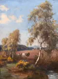 British, Horses and a figure in a landscape with fields beyond by James Kinnear, oil on canvas, sold Feb 2021