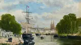 French, A scene of sailboats with figures on the quayside by Gerard Roux, oil on panel, sold Feb 2021