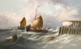 British, fishing boats leaving port in heavy weather by William Henry Williamson, oil on canvas, offered Feb 2021
