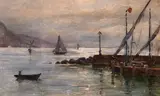French, A scene of boats by a harbour wall by Edmond Marie Petitjean, oil on board, offered Feb 2021