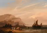 British, a coastal scene with fishing boats coming ashore and figures on a beach by Frederick Calvert, oil on canvas, sold Feb 2021