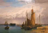 A view of shipping at Chichester with Bosham Church in the background by William Henry Mason, oil on canvas, sold Feb 2021