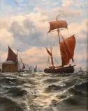 British, Boats leaving Whitby Harbour by James Mahony, oil on board, sold Feb 2021