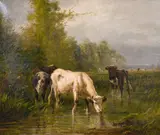 A scene of cattle watering in a rural landscape by Pierre Martinez Del Rio, oil on canvas, sold Feb 2021