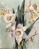French, Two still life pictures of flowers, one pink roses, the other daffodils by Nan Greacen, oil on canvas, sold Feb 2021