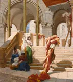 Preparing for the Festival' with Spanish figures on the steps by Frank William Warwick Topham, oil on board, offered Feb 2021