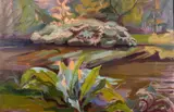 British, A scene of a stream bordered by foliage by Phyllis Bray, oil on canvas, sold Feb 2021