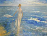 A woman in a white dress walking on a shoreline by Albert Redon, oil on canvas, sold Feb 2021