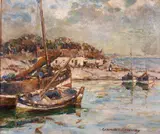 Scottish, a Continental coastal scene with boats and figures beyond by Gertrude Mary Coventry, oil on canvas, offered Feb 2021
