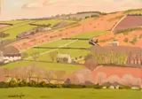 British, A view of farm buildings amongst fields by Robert Morson Hughes, oil on board, sold Feb 2021