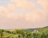 British, A summer landscape with cottages and rolling hills by Robert Morson Hughes, oil on board, sold Feb 2021