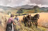 Salford school, A harvesting scene with a valley and hills beyond by Tom Brown, oil on canvas, offered Feb 2021