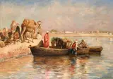 Figures loading a boat with camels on the shore, an African scene by M. Jackson, oil on canvas, sold Feb 2021