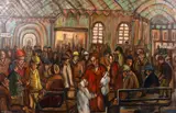 British, A scene of figures on a busy railway platform by Derek Higginson, oil on canvas, sold Feb 2021