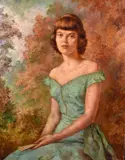 Turkish, A portrait of a seated elegant lady holding a fan by Sabinha Bozcali, oil on canvas, sold Feb 2021