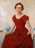 British, portrait of a seated lady in a red dress by Maurice Codner, oil on canvas, sold Feb 2021